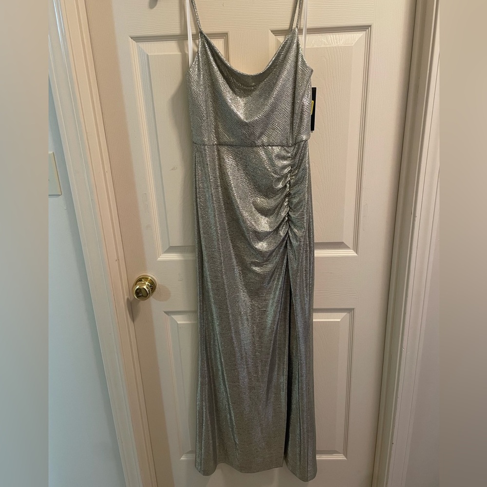 NWT Betsy & Adam Maxi Silver Maxi Slit Dress